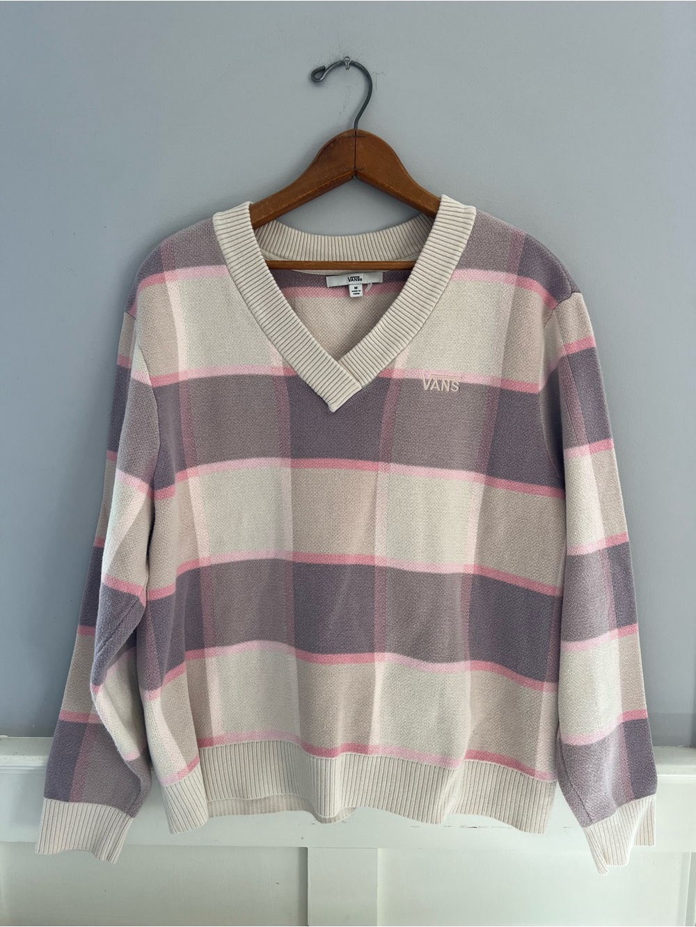 Vans Plaid V Neck Sweater Pink Cream Cotton Oversized Pullover M